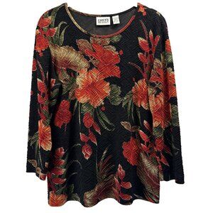 Chicos Design Top Med Colorful Autumn Floral Metallic Gold Orange Long Sleeves